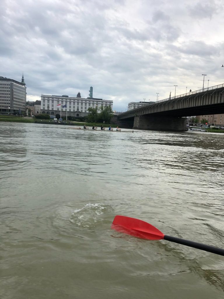 Ruderboot auf Donau mit Linz im Hintergrund